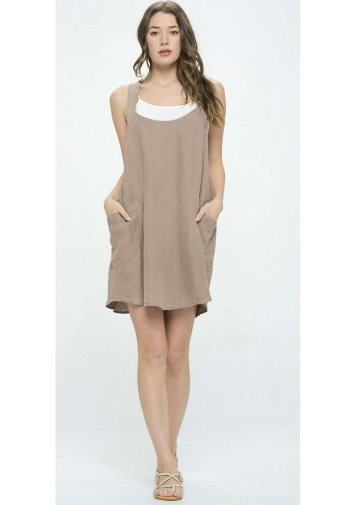 100% Linen Romper Style Tan Mini Dress with Side Pockets | Proudly Made in USA | Classy Cozy Cool Women's Made in America Boutique