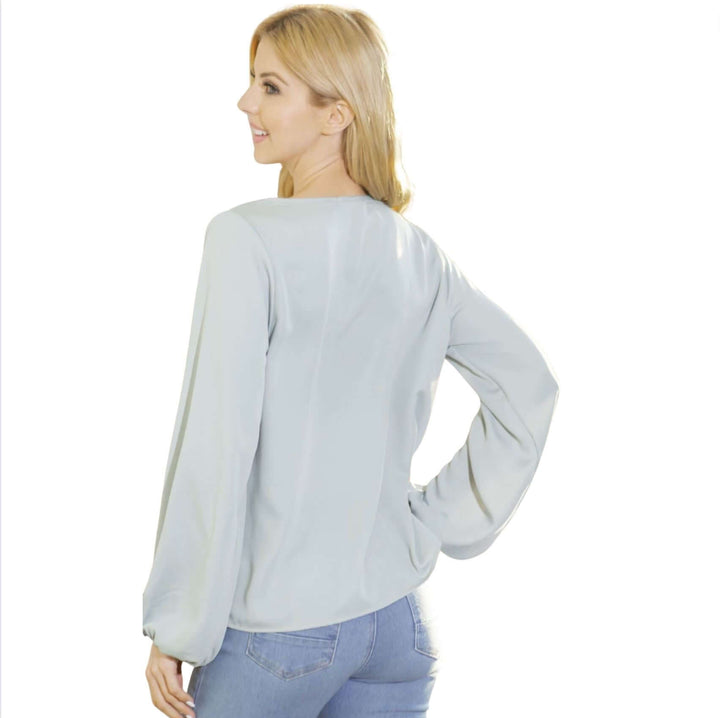 Made in USA Women's Relaxed Fit Beautiful Satin Cowl Neck Top in Powder Blue | Classy Cozy Cool Women's Made in America Clothing Boutique