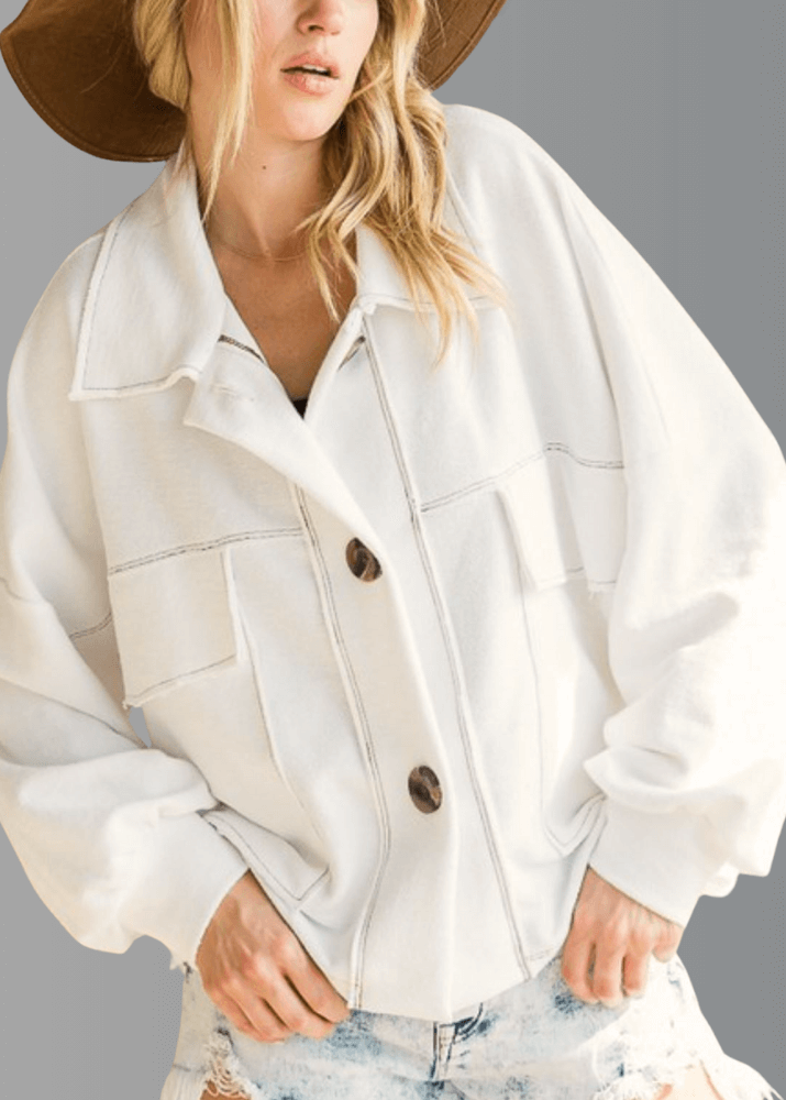 Bucket List | Style T1220 | Oversized French Terry Cotton Button Down Shacket with Stitch Detail in Off White | Made in the USA | Classy Cozy Cool Women’s Clothing Boutique