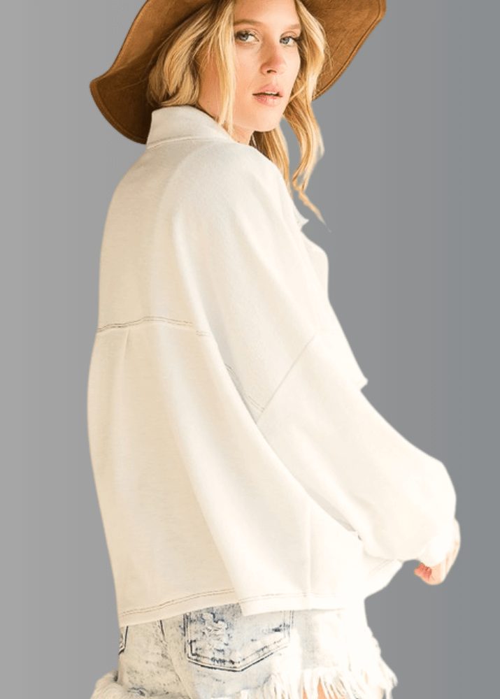 Bucket List | Style T1220 | Oversized French Terry Cotton Button Down Shacket with Stitch Detail in Off White | Made in the USA | Classy Cozy Cool Women’s Clothing Boutique