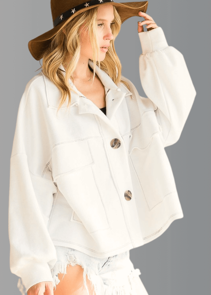 Bucket List | Style T1220 | Oversized French Terry Cotton Button Down Shacket with Stitch Detail in Off White | Made in the USA | Classy Cozy Cool Women’s Clothing Boutique
