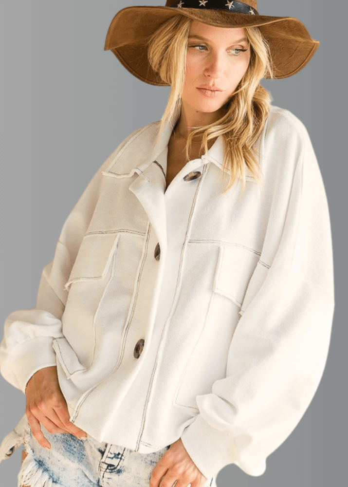 Bucket List | Style T1220 | Oversized French Terry Cotton Button Down Shacket with Stitch Detail in Off White | Made in the USA | Classy Cozy Cool Women’s Clothing Boutique