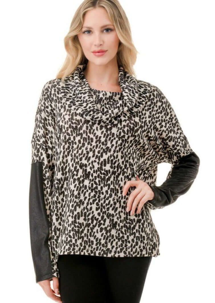 Ladies Black & Ivory Animal Print Cowl Neck Sweater Top with Faux Leather Sleeve Detail | Made in USA