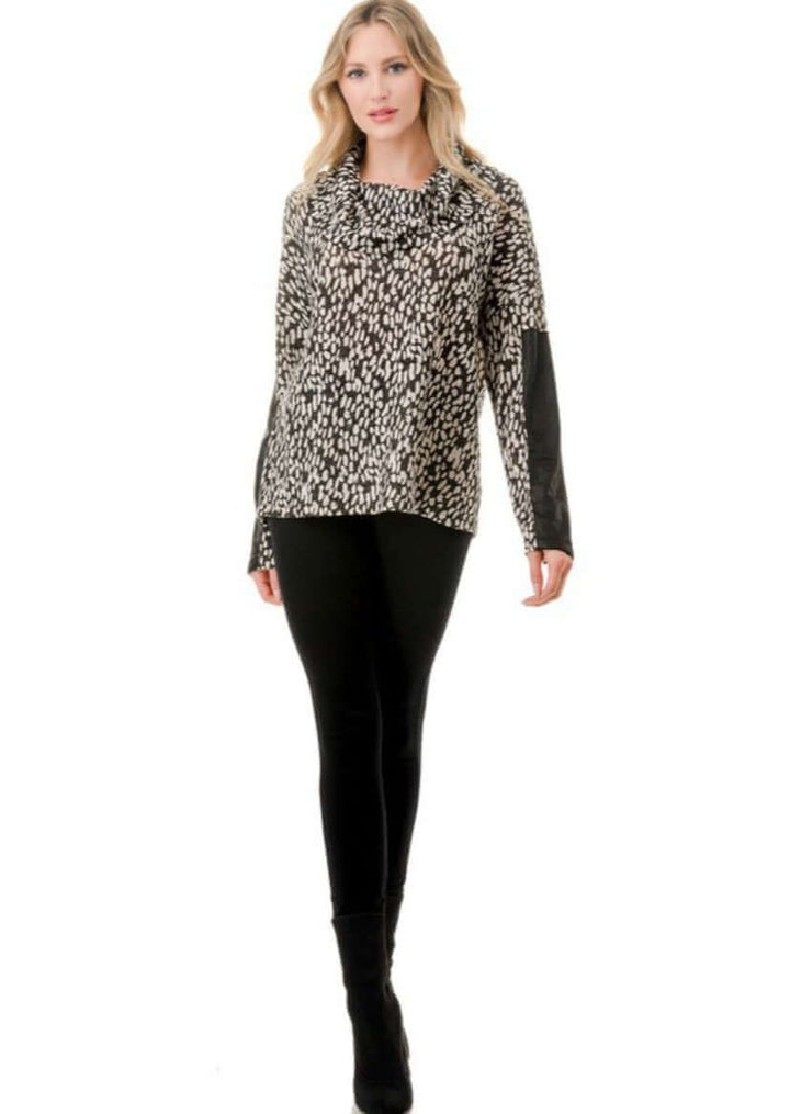 Ladies Black & Ivory Animal Print Cowl Neck Sweater Top with Faux Leather Sleeve Detail | Made in USA