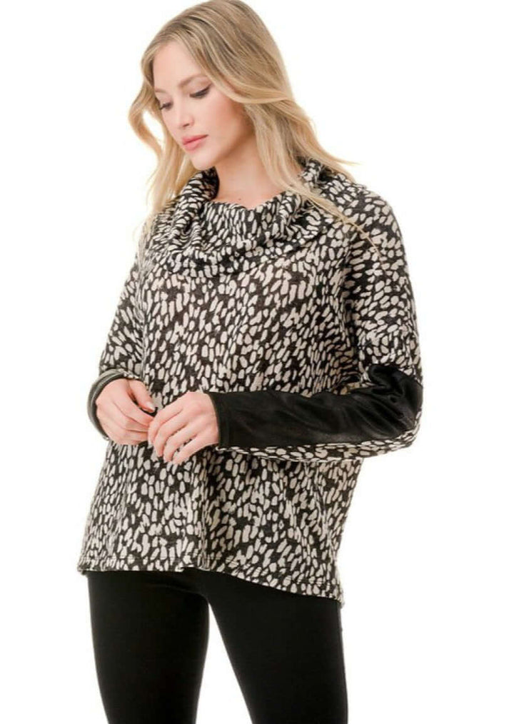 Ladies Black & Ivory Animal Print Cowl Neck Sweater Top with Faux Leather Sleeve Detail | Made in USA