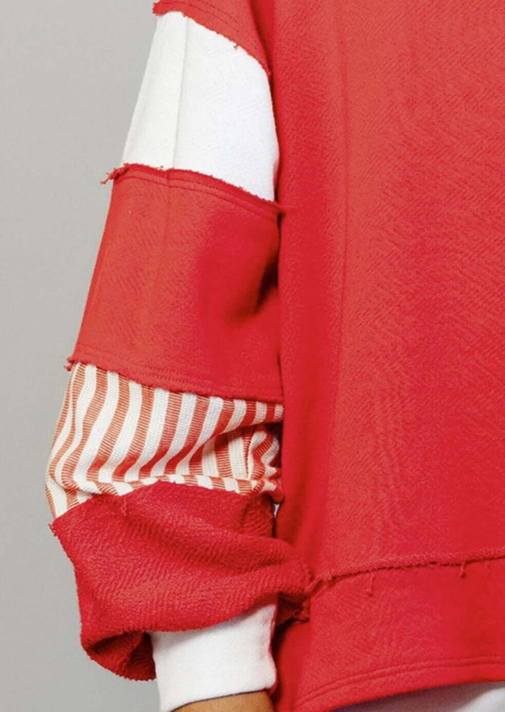Made in USA | Brand: Bucket List Clothing Style# T2004 | Oversized Ladies French Terry Color Block Sweatshirt with Collar in Red | Made in USA