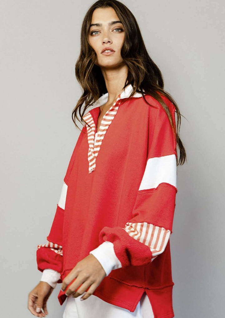 Made in USA | Brand: Bucket List Clothing Style# T2004 | Oversized Ladies French Terry Color Block Sweatshirt with Collar in Red | Made in USA
