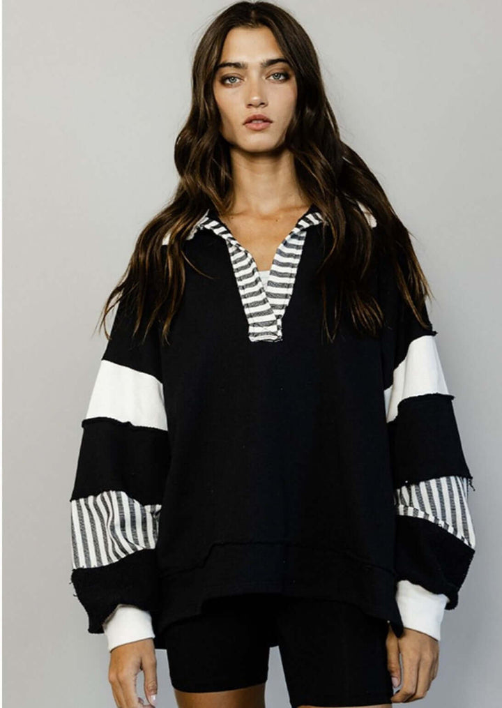 Made in USA | Brand: Bucket List Clothing Style# T2004 | Oversized Ladies French Terry Color Block Sweatshirt with Collar in Black & Ivory | Made in USA