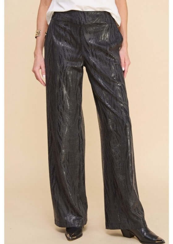 Made in USA Women's Fashion Faux Leather Pull on Style Stretchy Material Zebra Print Embossed Fabric Pants with Elastic on Back in Black | Classy Cozy Cool Women's Made in America Clothing Boutique