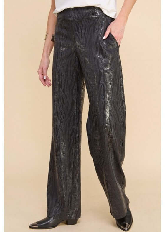 Made in USA Women's Fashion Faux Leather Pull on Style Stretchy Material Zebra Print Embossed Fabric Pants with Elastic on Back in Black | Classy Cozy Cool Women's Made in America Clothing Boutique