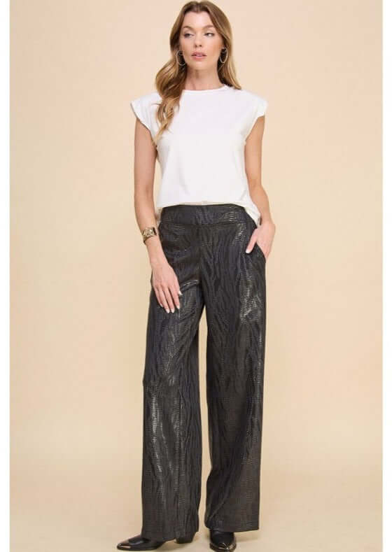 Made in USA Women's Fashion Faux Leather Pull on Style Stretchy Material Zebra Print Embossed Fabric Pants with Elastic on Back in Black | Classy Cozy Cool Women's Made in America Clothing Boutique