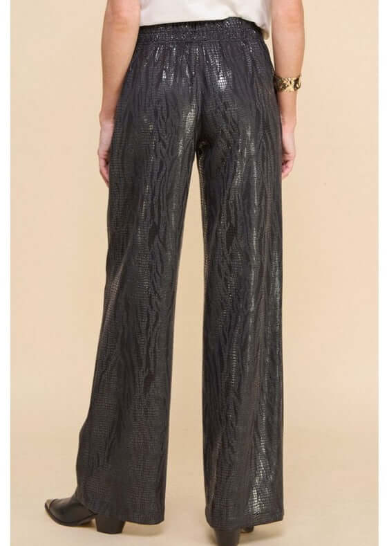 Made in USA Women's Fashion Faux Leather Pull on Style Stretchy Material Zebra Print Embossed Fabric Pants with Elastic on Back in Black | Classy Cozy Cool Women's Made in America Clothing Boutique