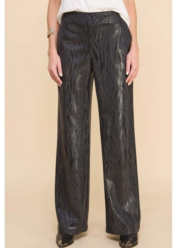Made in USA Women's Fashion Faux Leather Pull on Style Stretchy Material Zebra Print Embossed Fabric Pants with Elastic on Back in Black | Classy Cozy Cool Women's Made in America Clothing Boutique