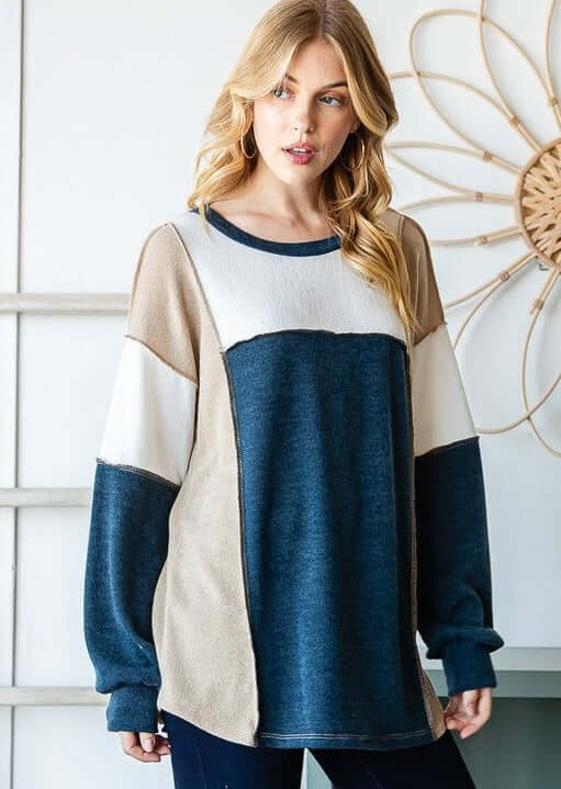 Made in USA Women's Color Block Lightweight Sweater Knit Pullover In Aegean Blue, Tan & Off White | Classy Cozy Cool Women's Made in America Clothing Boutique