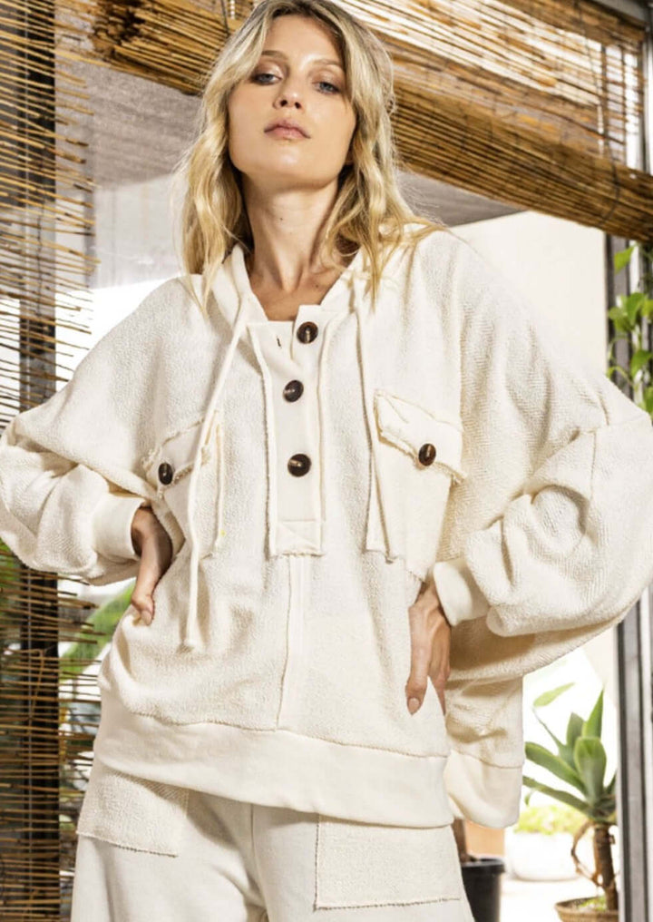 Bucket List Clothing Style# T2015 | French Terry Cotton Pullover Hoodie with Button Front in Cream Color | Made in USA | Classy Cozy Cool Women's Made in America Boutique