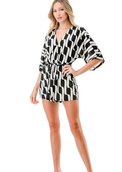 Made in USA Women's Black & White Geometric V-Neck Shorts Romper with Half Sleeves | Classy Cozy Cool Made in America Boutique