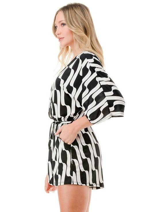 Made in USA Women's Black & White Geometric V-Neck Shorts Romper with Half Sleeves | Classy Cozy Cool Made in America Boutique