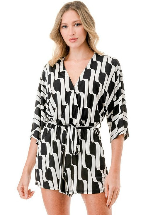 Made in USA Women's Black & White Geometric V-Neck Shorts Romper with Half Sleeves | Classy Cozy Cool Made in America Boutique