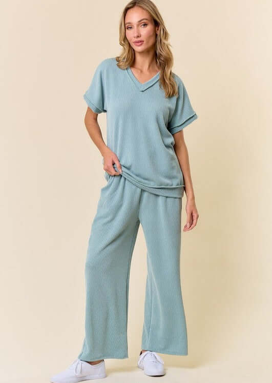 USA Made Women's Cozy Sunday Light Blue Soft Ribbed V-Neck Top & Bottom Lounge Set | Classy Cozy Cool Women's Made in America Boutique