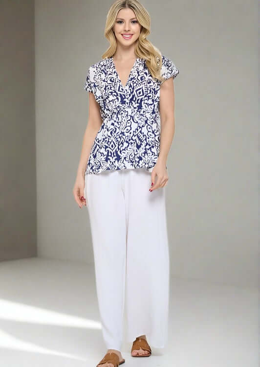 USA Made Women's Navy & White Printed V-Neck Kimono Top with Cinched Waist  | Renee C Style# 4089TP | Classy Cozy Cool Women's Made in USA Boutique