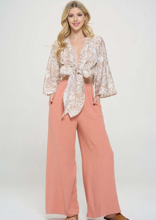 USA Made Women's Tan & White Floral Print Tie Front Accent Cardigan Top | Versatile Tie for many Outfit Designs | Classy Cozy Cool Women's Made in USA Boutique