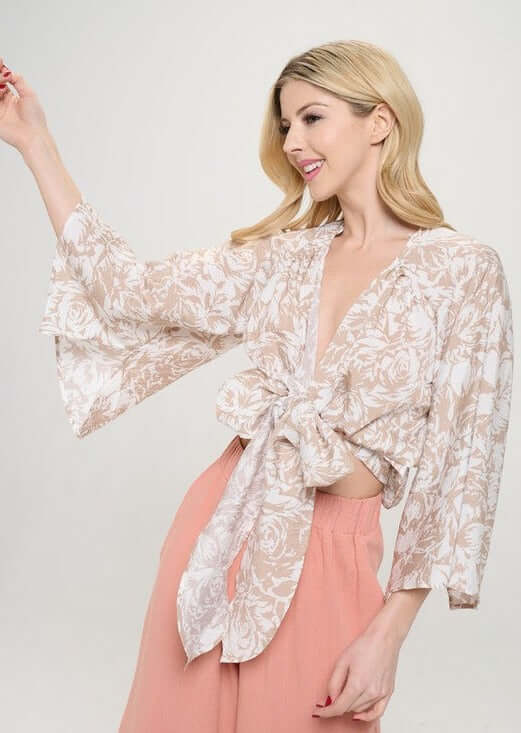 USA Made Women's Tan & White Floral Print Tie Front Accent Cardigan Top | Versatile Tie for many Outfit Designs | Classy Cozy Cool Women's Made in USA Boutique