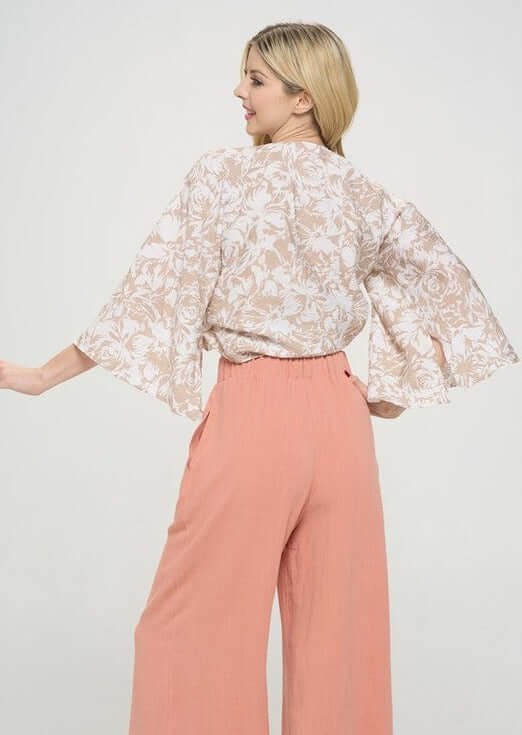 USA Made Women's Tan & White Floral Print Tie Front Accent Cardigan Top | Versatile Tie for many Outfit Designs | Classy Cozy Cool Women's Made in USA Boutique