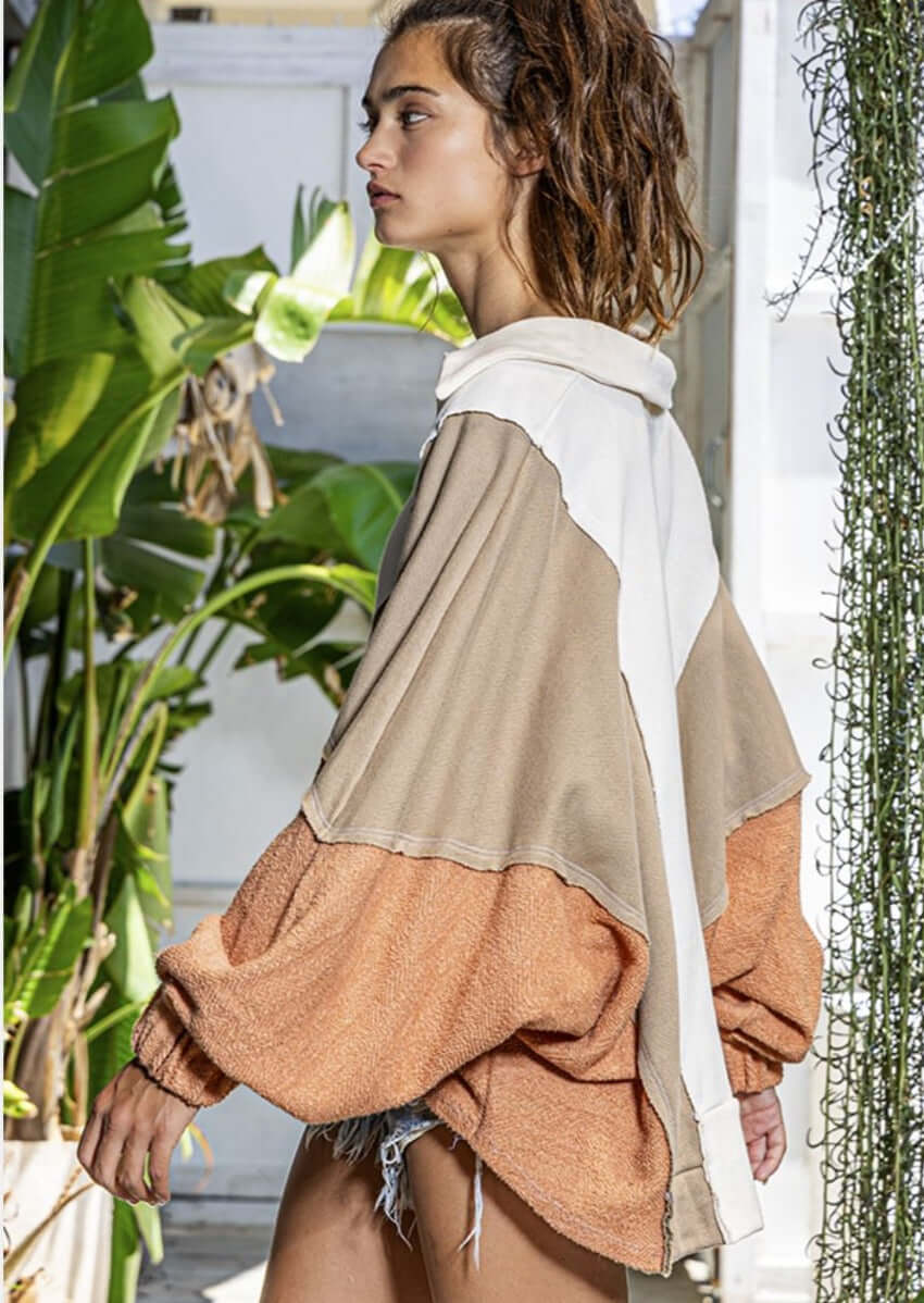 Bucket List Clothing Style# T2087 | Oversized Spread Collared V-Neck Color Block French-Terry Cotton fabric Raw Edge detail Pullover Top with Elastic cuffs in a combination of Salmon, Taupe & Cream
