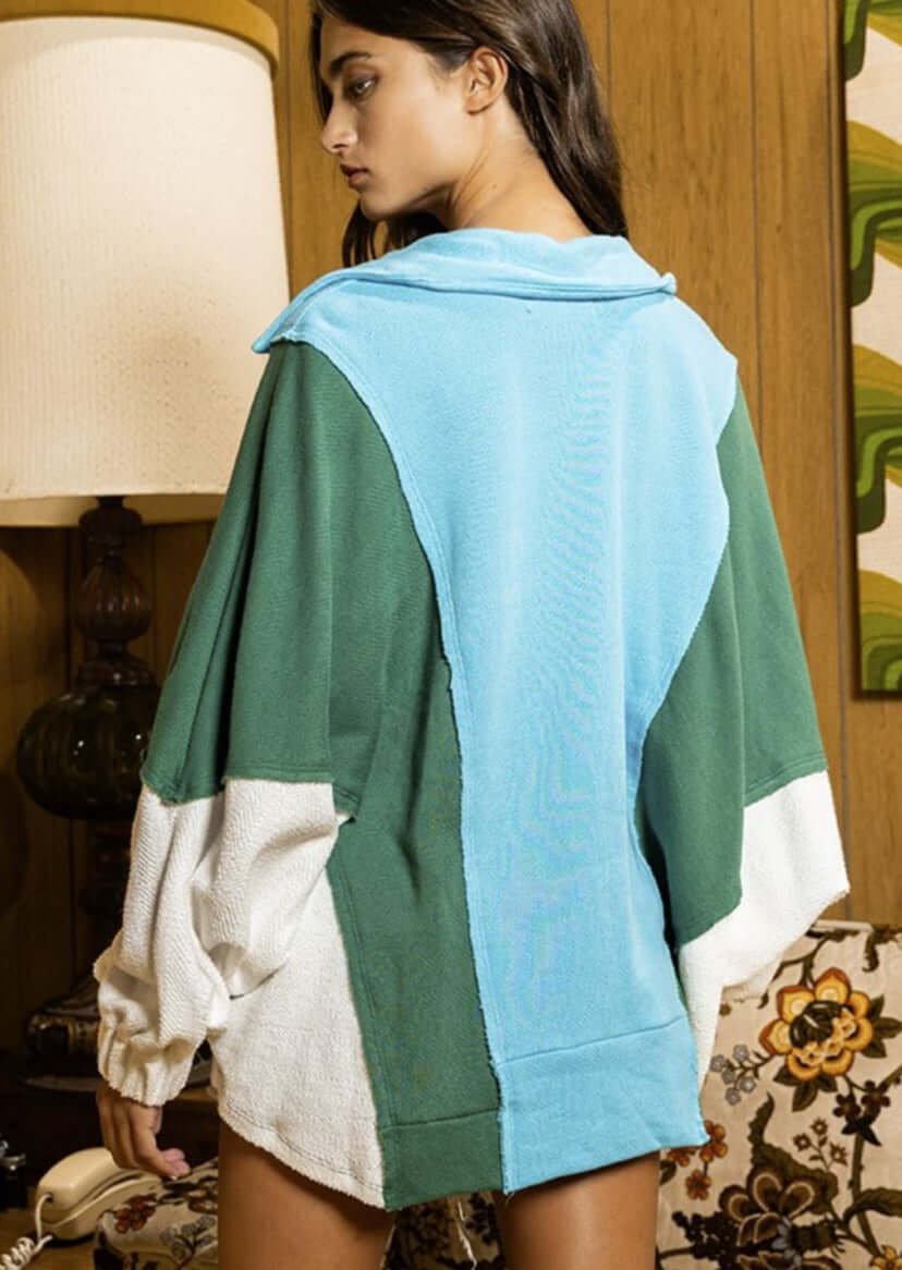Bucket List Clothing Style# T2087 | Oversized Spread Collared V-Neck Color Block French-Terry Cotton fabric Raw Edge detail Pullover Top with Elastic cuffs in Blue, Green & White 