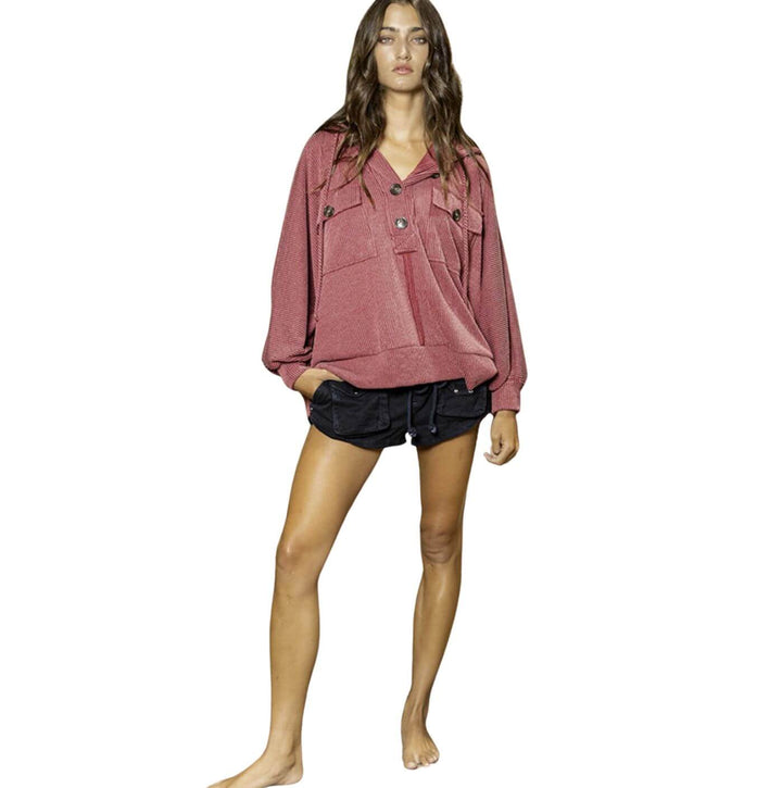 Bucket List Oversized Burgundy Super Soft Ribbed Pullover Hoodie | Made in USA | Classy Cozy Cool Women's Made in America Boutique