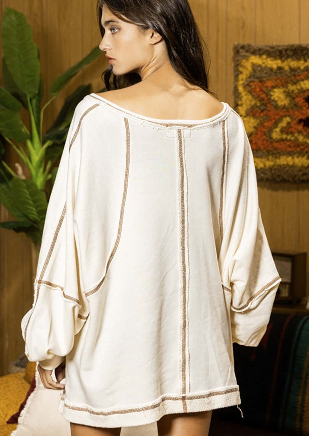 USA Made Women's Cream Oversized Drop Shoulder Raglan Sweatshirt with Brown Stitch in High Low Design | Bucket List Clothing Style T2094