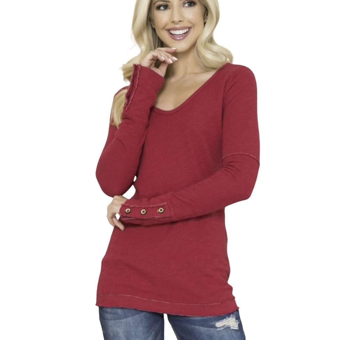 USA Made Women's Fitted Double Layer Cotton Raw Edge Long Sleeve Top With Wooden Button Cuffs in Red | Classy Cozy Cool Women's Made in America Clothing Boutique