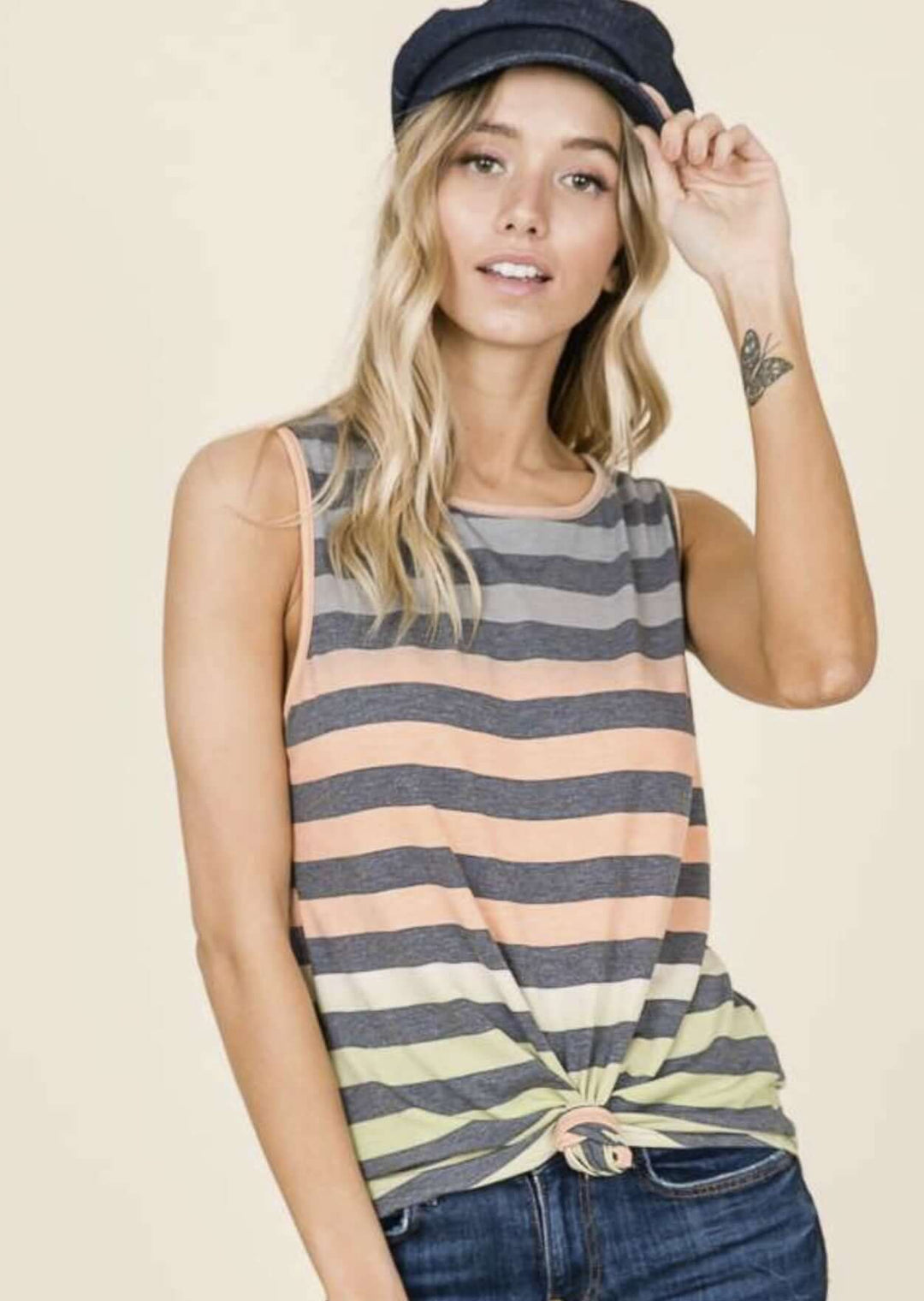 Made in USA Ladies Sleeveless Casual Top, Striped Detail, Round Neckline, Longer Length, Rounded Hem in Auburn Sunset Hues | Classy Cozy Cool Made in America Boutique