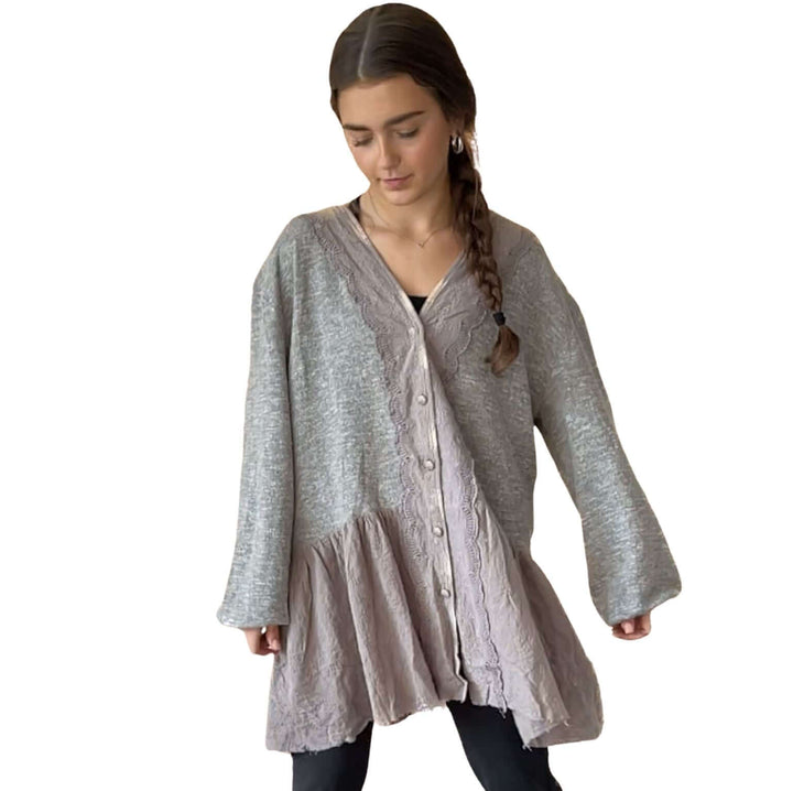 Jaded Gypsy Star Destination Button Down Lace Detail Sweater Cardigan in 2-Tone Grey | Bohemian Sweater Cardigan Made In USA