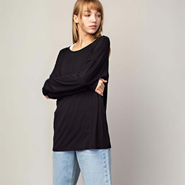 Made in USA Women's Natural Bamboo Oversized Long Sleeve Black Back Drop Top | Classy Cozy Cool Made in America Boutique