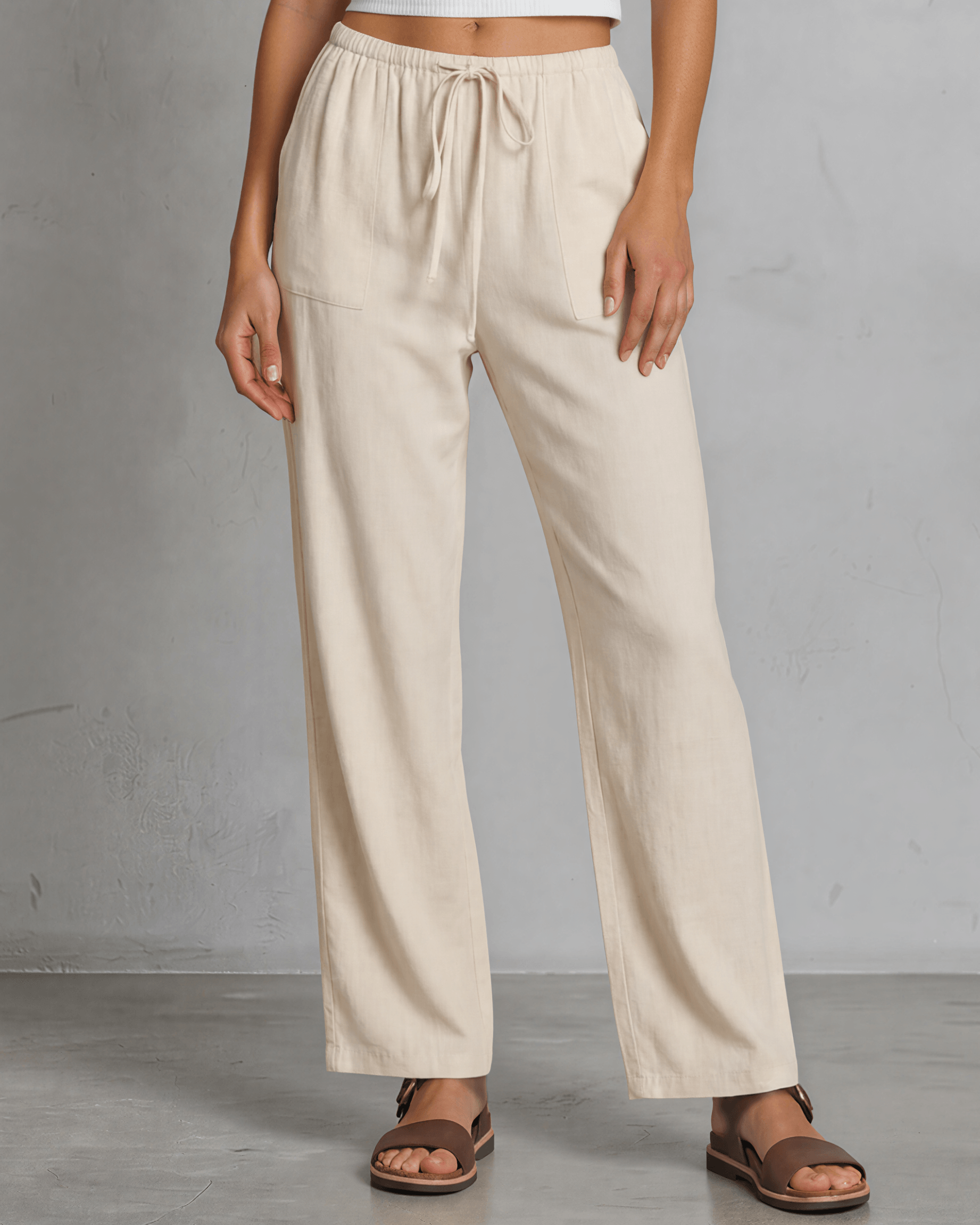 Annie Wide Leg Drawstring Pants with Pockets | Natural | Made in