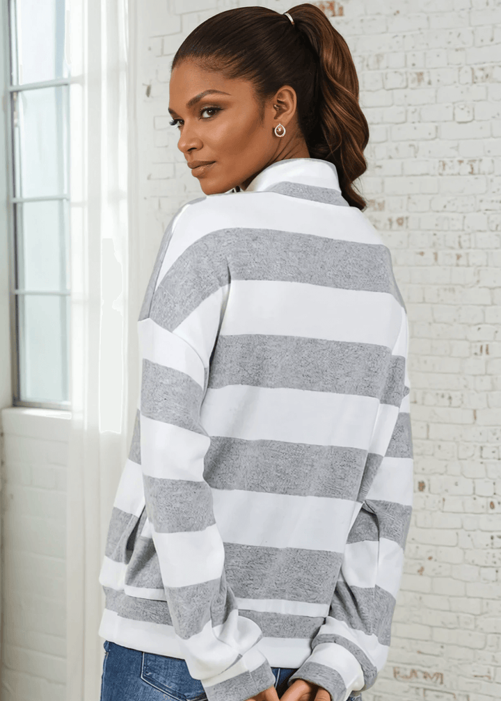 Made in USA Kathryn Women's Soft Textured Striped Cozy Pullover, Mock Neck with Zip Down Collar, Relaxed Fit in Grey and Off White Bold Stripes