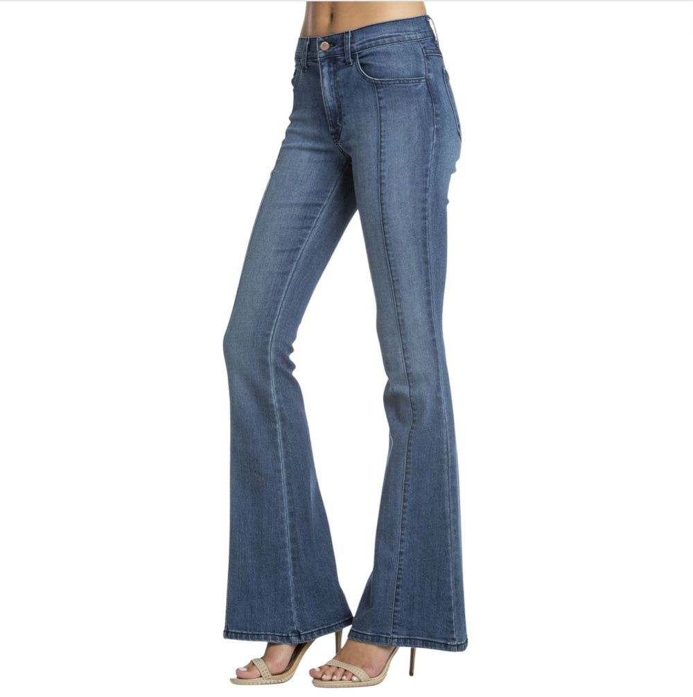 Made in USA Jeans | Rumor Has It Front Seam Flared Denim Jeans Medium Wash | O2 Denim Style PF3023 | Classy Cozy Cool Women’s Clothing Boutique