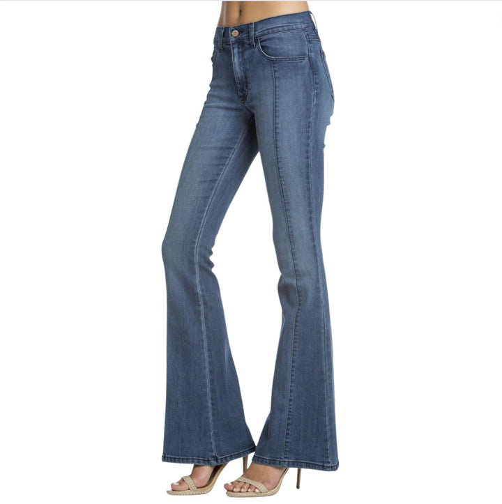 Made in USA Jeans | Rumor Has It Front Seam Flared Denim Jeans Medium Wash | O2 Denim Style PF3023 | Classy Cozy Cool Women’s Clothing Boutique