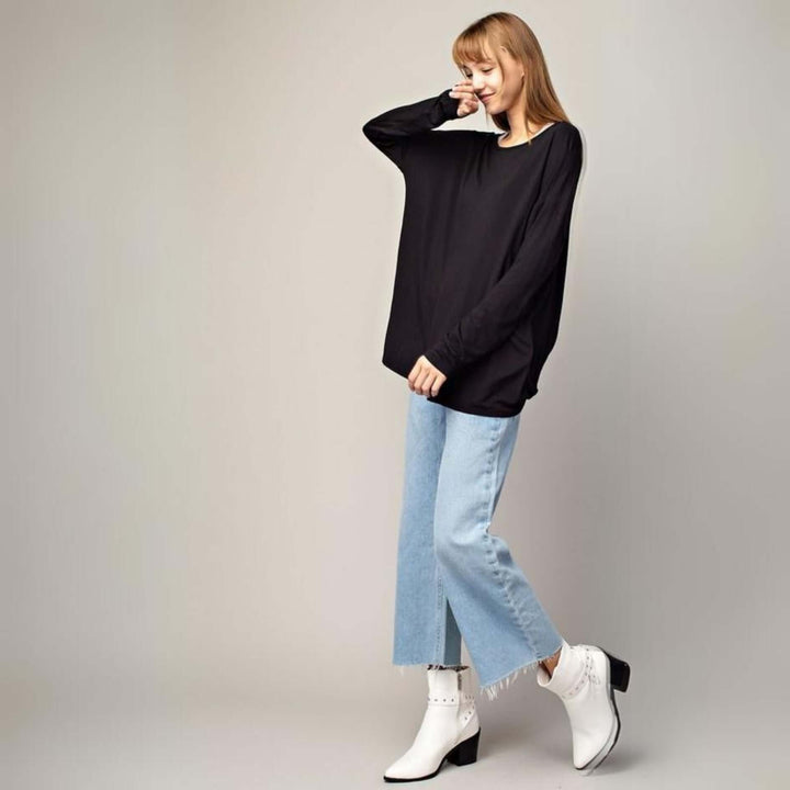 Made in USA Women's Natural Bamboo Oversized Long Sleeve Black Back Drop Top | Classy Cozy Cool Made in America Boutique