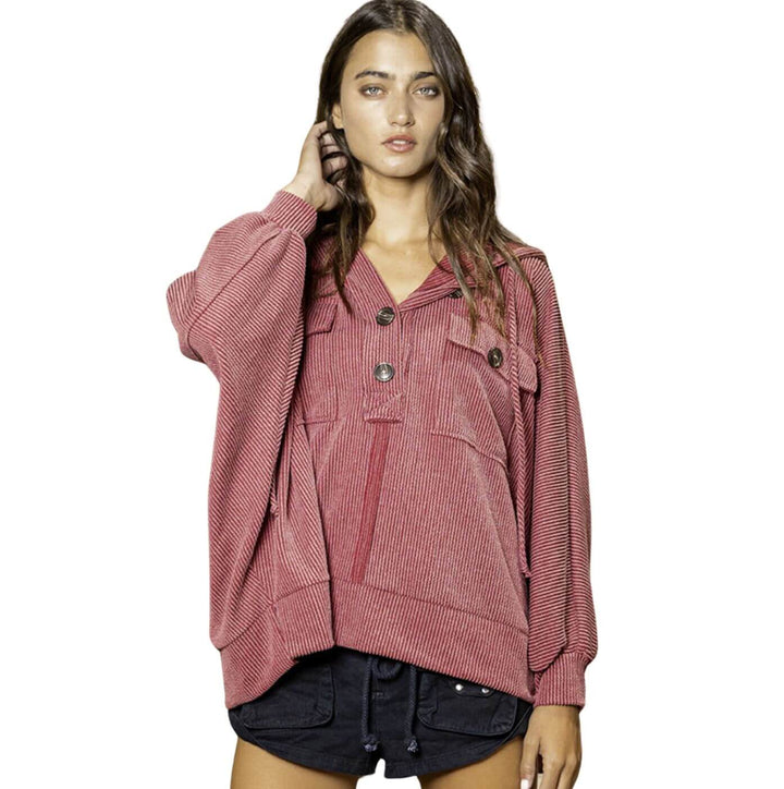 Bucket List Oversized Burgundy Super Soft Ribbed Pullover Hoodie | Made in USA | Classy Cozy Cool Women's Made in America Boutique