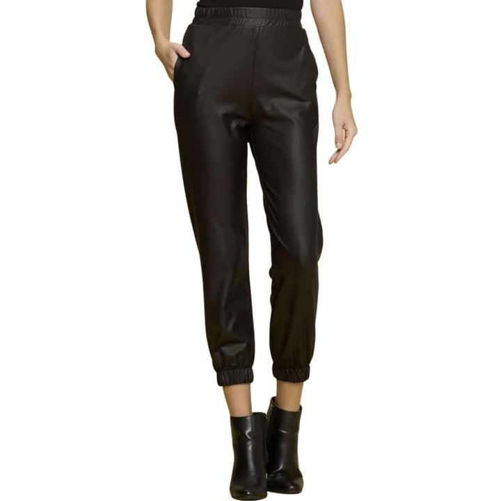 USA Made Black Faux Leather Jogger Style Pants Side Pockets Medium Weight Material Pull on Style with Elastic Waist | Renee C Style# 4122PTA