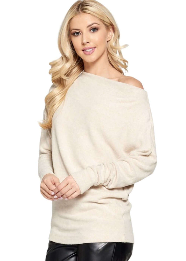 Women's Made in USA Relaxed Fit Super Soft Long Sleeve Cashmere Sweater Top in Oatmeal - Can be worn Off Shoulder or as Boat Neck | Renee C Style# 4097TP | Classy Cozy Cool Made in America Boutiqu