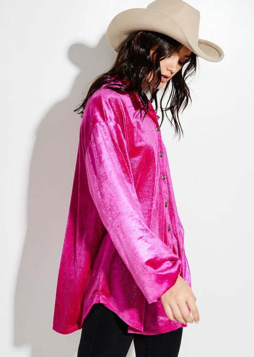 USA Made Women's Shiny Soft Oversized Velvet Button Down Shirt Jacket in Fuchsia | Classy Cozy Cool Women's Made in America Boutique