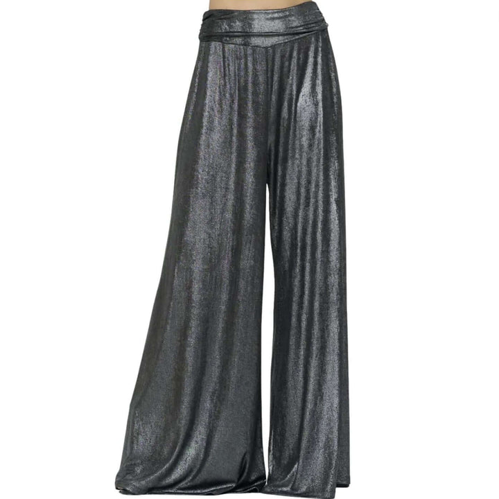 Women's Metallic Palazzo Pants with Fold Over Waist with Side Pockets Draped Fit in Gunmetal | Renee C. Style# 4568PT | Classy Cozy Cool Women's Made in America Clothing Boutique