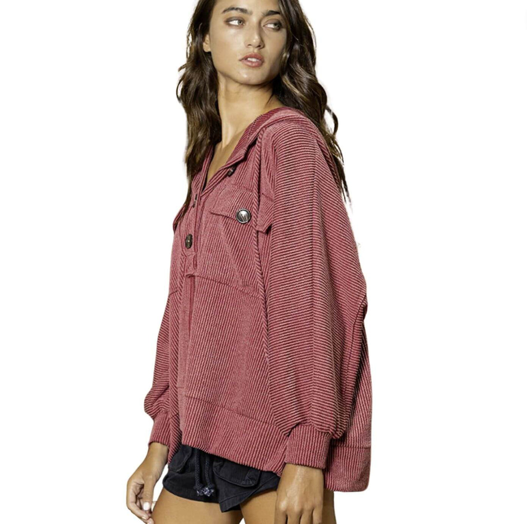Bucket List Oversized Burgundy Super Soft Ribbed Pullover Hoodie | Made in USA | Classy Cozy Cool Women's Made in America Boutique