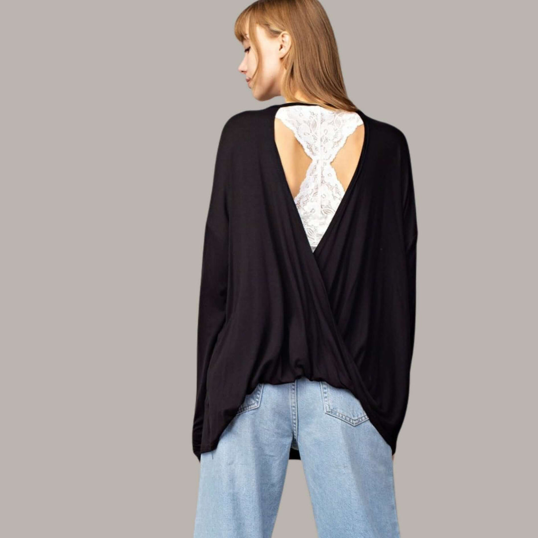 Made in USA Women's Natural Bamboo Oversized Long Sleeve Black Back Drop Top | Classy Cozy Cool Made in America Boutique