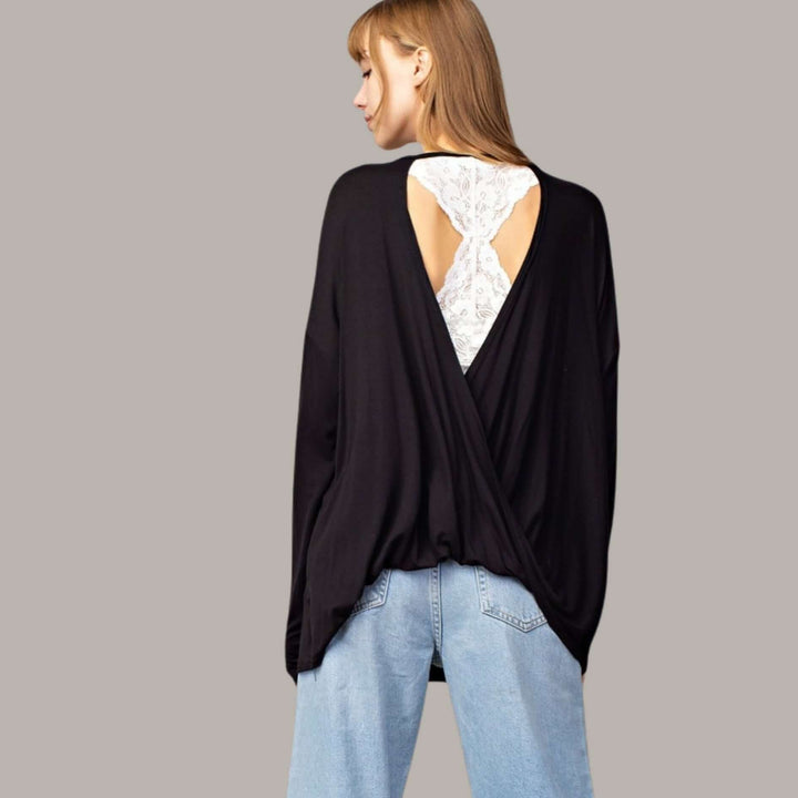 Made in USA Women's Natural Bamboo Oversized Long Sleeve Black Back Drop Top | Classy Cozy Cool Made in America Boutique