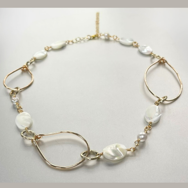 Hand Made in USA Women's Mother of Pearl Long Drop Necklace Gold Hammered Hoops made by Local Artisan | Classy Cozy Cool Women's Made in America Boutique