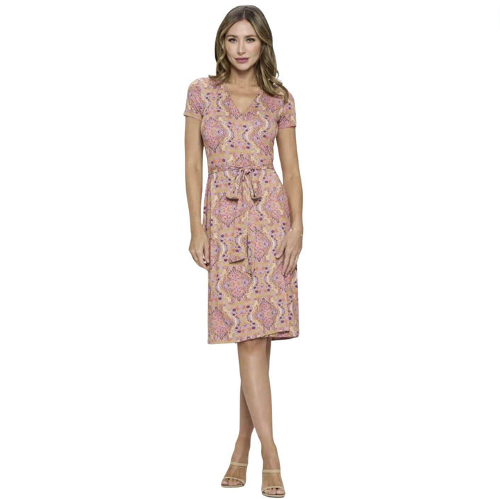 Beautiful Ladies Pink Lavender & Coral Floral Print Midi Wrap Dress Renee C. Style #4329DRJ | Proudly Made in USA | Classy Cozy Cool Clothing Boutique